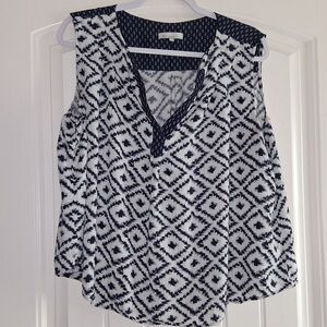 Navy and White Geometric Sleeveless Blouse